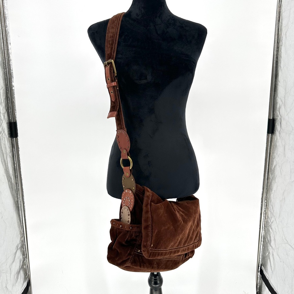 Vintage Fossil Studded Brown Velvet Slouchy Satchel Crossbody Bag Y2K Boho Fall
